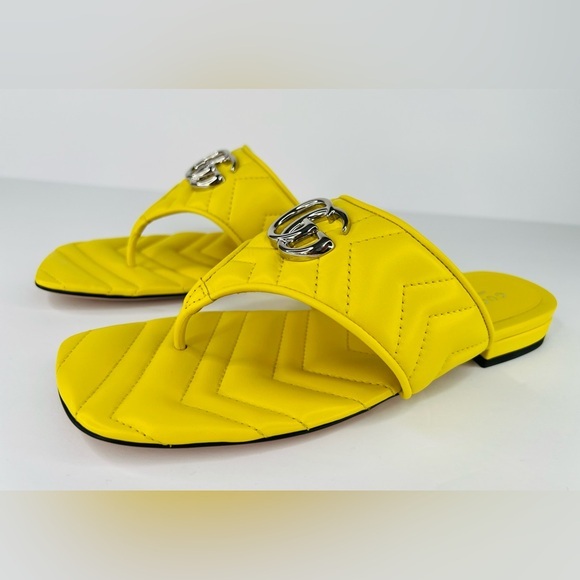 Gucci Shoes - Gucci Marmont Double G Chevron GG Logo Yellow Thong Flat Sandals Size EU 37